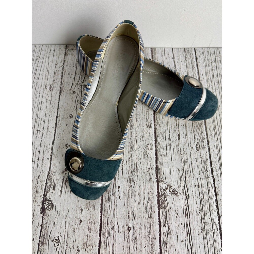 Hogan Women’s Ballet Flats, Size 8, Navy Blue Striped, Silver Hardware,‎ Preppy